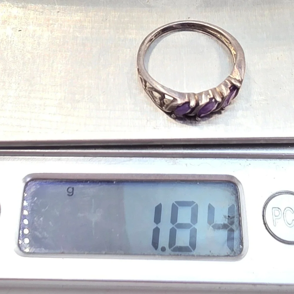 925 Sterling Silver Marquise Amethyst Heart Cutout Ring Size 8 Purple Gemstone